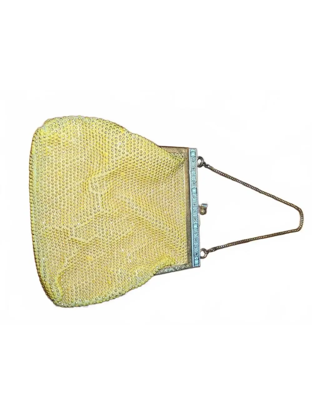 Vintage Yellow Beaded Evening Bag with Silver Tone Frame and Chain